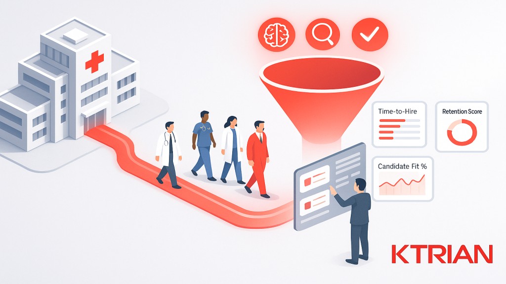 Modern healthcare recruitment pipeline powered by AI and analytics with diverse medical professionals entering a digital hiring funnel